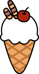 A sweet ice cream cone with cherry and wafer sticks in cute illustration style.
Great for dessert menus, summer graphics, and fun seasonal content.