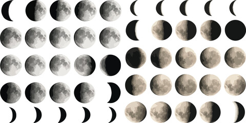 Vector illustration of moon phases showing waxing and waning cycles in grayscale and sepia tones, ideal for astronomy, calendar design, or educational use.