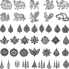 Collection of Thai traditional vector elements including zodiac animals, floral motifs, Unalome and sacred line art in black and white for cultural or tattoo design.