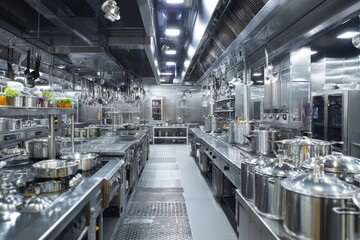 Obraz premium Commercial stainless steel kitchen panorama with chefs preparing meals in industrial workspace - modern catering equipment and collaborative workflow