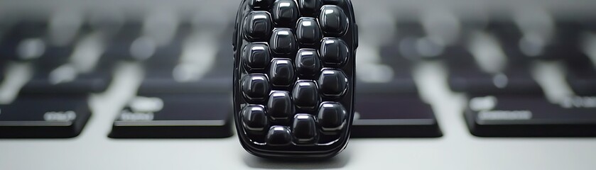 Close-up shot of a cell phone case with a unique, textured design, positioned atop a laptop keyboard. It's black and the keys are in focus