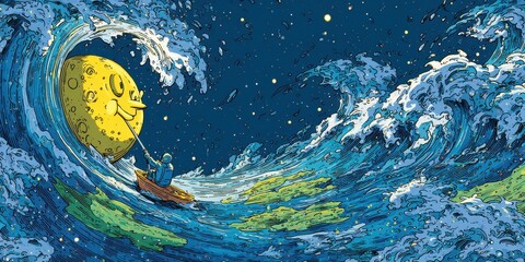 A whimsical depiction of a moon in a boat amidst vast waves.