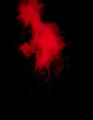 Vibrant crimson powder burst frozen in midair against a dark void., minimalism. with white shades