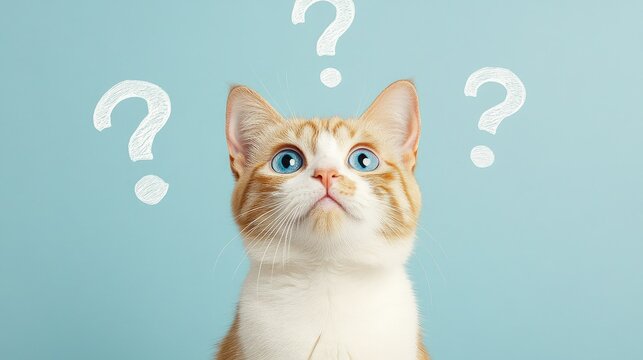 Curious ginger kitten with question marks on blue background thinking concept