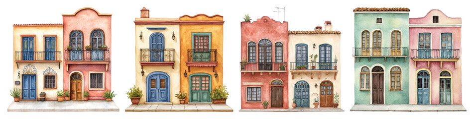 Fototapeta premium PNG Colorful Mediterranean architectural facades, element set on transparent background