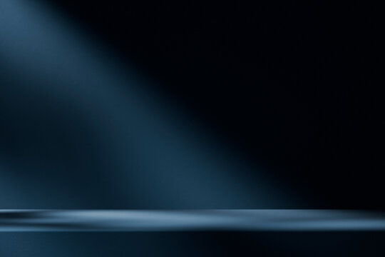 Dark abstract background studio interior room with light and shadow. Minimal luxury product stage platform mock up. 3d render of empty space showroom for business and technology brand placement.