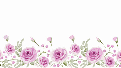Watercolor painting of a floral border with pink roses, green leaves and small pink berries arranged nicely