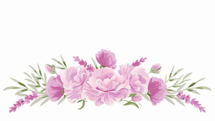 Watercolor floral arrangement featuring pink peonies lavender and green leaves in a decorative border design