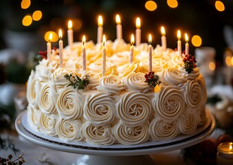 Festive birthday cake with candles