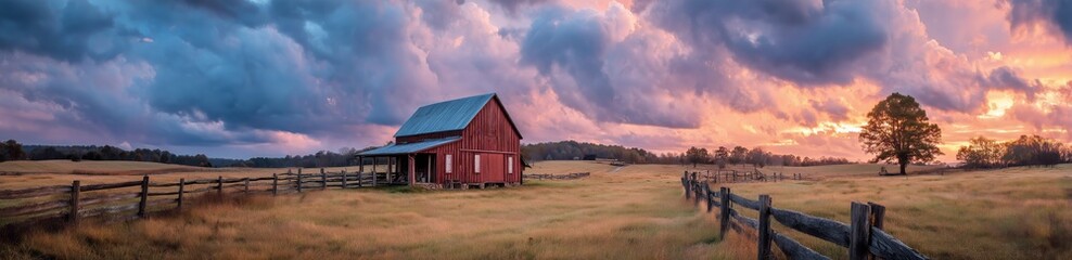 Obraz premium Sunset Over Red Barn in Rural Landscape With Golden Grass and Dramatic Clouds