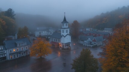 Obraz premium Misty village square at dawn