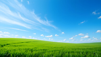 Obraz premium Vast Green Grass Field Under Blue Sky. Peaceful Spring Landscape, Nature Background.