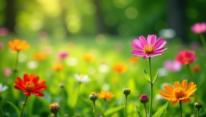 Vibrant wildflowers in lush green meadow, sunlit , grass, flora