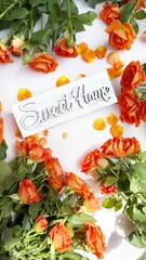 Bright Orange Roses with “Sweet Home” Sign on White Background