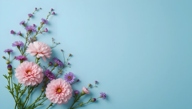 Fresh pink gerbera daisies, purple asters, and white wildflowers cascade left, creating a cheerful floral border on a soft light blue background. Perfect for spring themes and gentle designs.