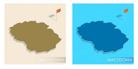 Naklejka premium North Macedonia country flag installed on geographic positioning map point of country territory. Macedonia commonwealth banner on land and sea. Festive patriotic HD format template independence day