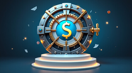 Illustration of a Secure Vault Door with Dollar Symbol and Coins Floating Around