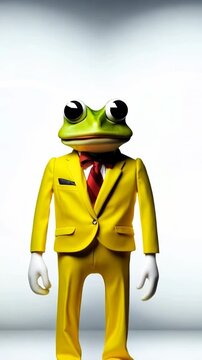 A frog character wearing a yellow business suit & red tie gradually turns to face the camera The anthropomorphic amphibian slowly rotates from a side profile to a direct frontal pose with white gloves