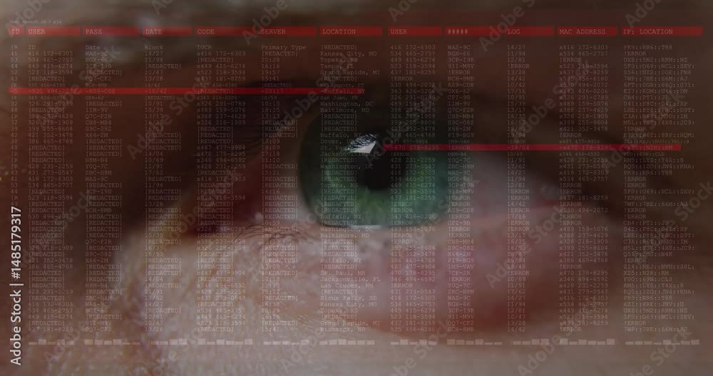 Poster 3d render showing eye undergoing biometric scan in cyber scene with green iris and red code