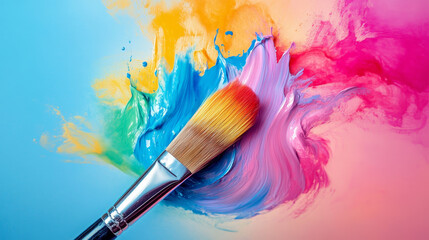 Fototapeta premium Close-up of paintbrush with vibrant yellow, red, and blue paint strokes