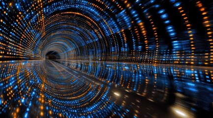 A vibrant, swirling tunnel of light, reflecting data streams