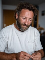 Fototapeta premium Close-up of mature man with beard and tousled hair looking down in indoor setting