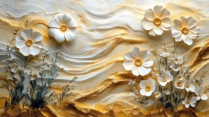 Beautiful white flowers with golden highlights embossed high resolution photo