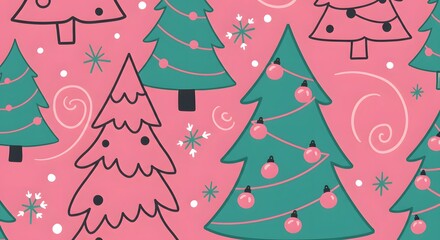 Christmas Tree Pattern with Ornaments and Snowflakes on Pink Background