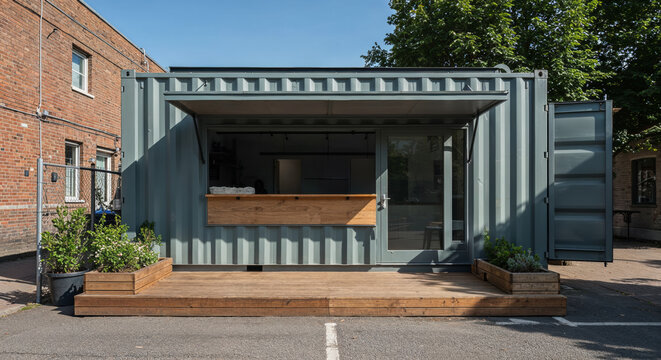 Innovative shipping container cafe with a wooden deck in an urban environment