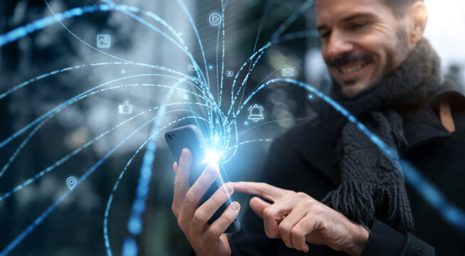 Man using smartphone with 5G and 6G social media connectivity