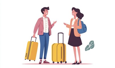 Illustration of a man and woman with luggage talking cheerfully on a white background
