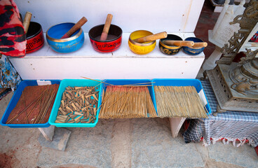 Colorful incense sticks on a market stall in India, agarbatti used for religious rituals in Asia, workship of hinduism, buddhism and jainism