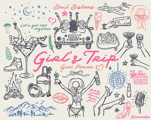 Girl's Trip - Whimsical Hand drawn Vector illustration Set