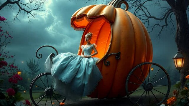 Cinderella fantasy scene with woman in white dress sitting in magical pumpkin carriage in enchanted forest at night with full moon and mystical atmosphere.