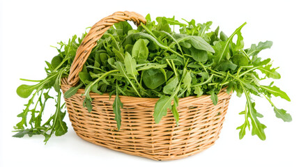 Naklejka premium Fresh leafy greens in woven basket, showcasing vibrant colors and textures, perfect for healthy meals