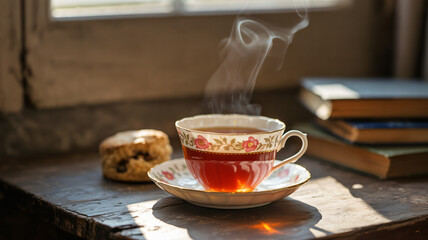 Warm Lighting and a Cozy Setting with English Breakfast Tea Steaming in a Cup