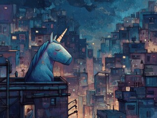 Naklejka premium A serene unicorn atop a cityscape at night.