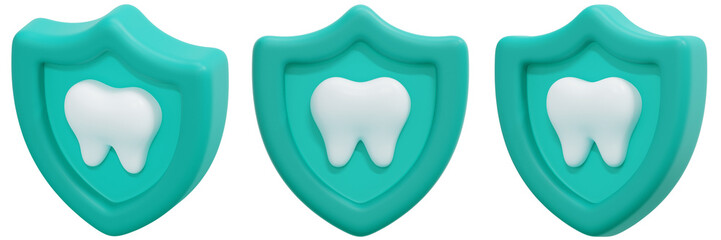 Set of Teal 3D Rendered Shields Protecting White Teeth 3d Render Icon Illustration
