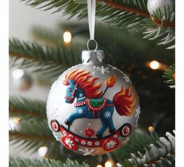 Christmas tree ornament with a horse, 2026 New Year. A beautiful authentic ball toy hangs on the tree. Christmas mood.