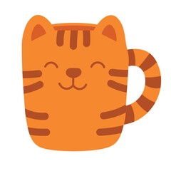 Bright orange mug shaped like a smiling striped cat, perfect for fun and cozy designs.