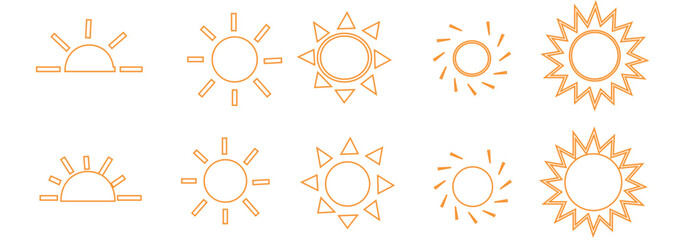 Yellow sun icons set, sunshine and solar glow, sunrise or sunset. Decorative circle full and half suns and sunlight collection. Hot solar energy for tan.
