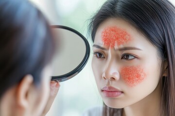 Woman examining facial redness in mirror with concerned expression and dark hair framing face