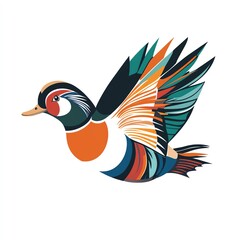 Obraz premium Vibrant Mandarin Duck in Flight, Wings Spread Wide, A Symphony of Colors Against a White Background