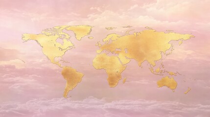 Obraz premium Golden world map on a soft pink sky