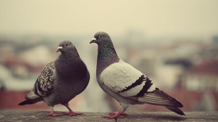 two pigeons are standing together on top of a roof looking over their heads
