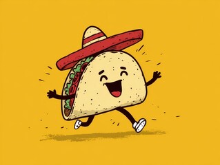 Cartoon taco running with a sombrero.