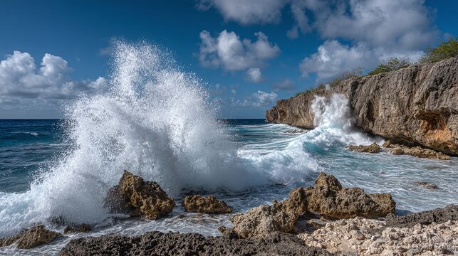 Waves crashing into Boka Pistol bay, Shete Boka National Park, Curacao
