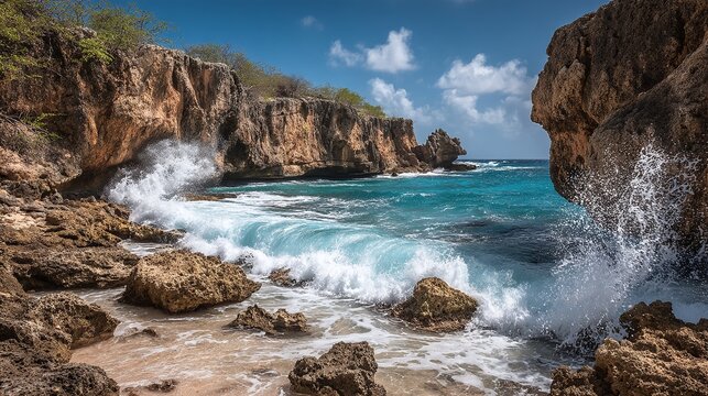 Waves crashing into Boka Pistol bay, Shete Boka National Park, Curacao
