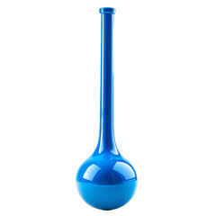 a blue vase with a long stem on a white background