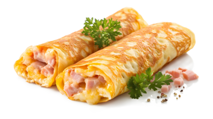  Delicious savory crepes filled with ham and cheese isolated on a white background
